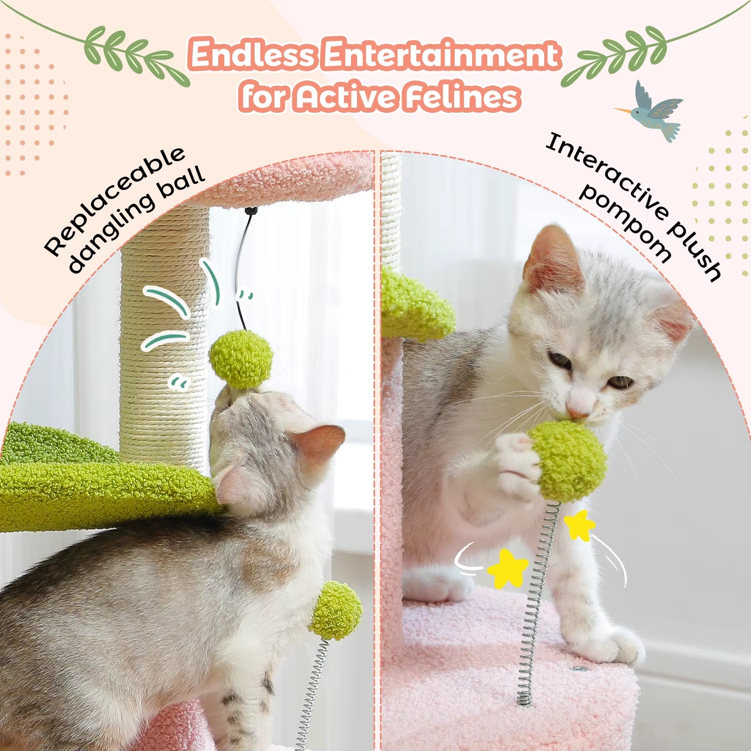 Cactus Cat Tree with Curved Perch Cozy Cat Condo Small Cat Tower with Removable Top Bed Cat Scratching Post for Indoor Cat Toys